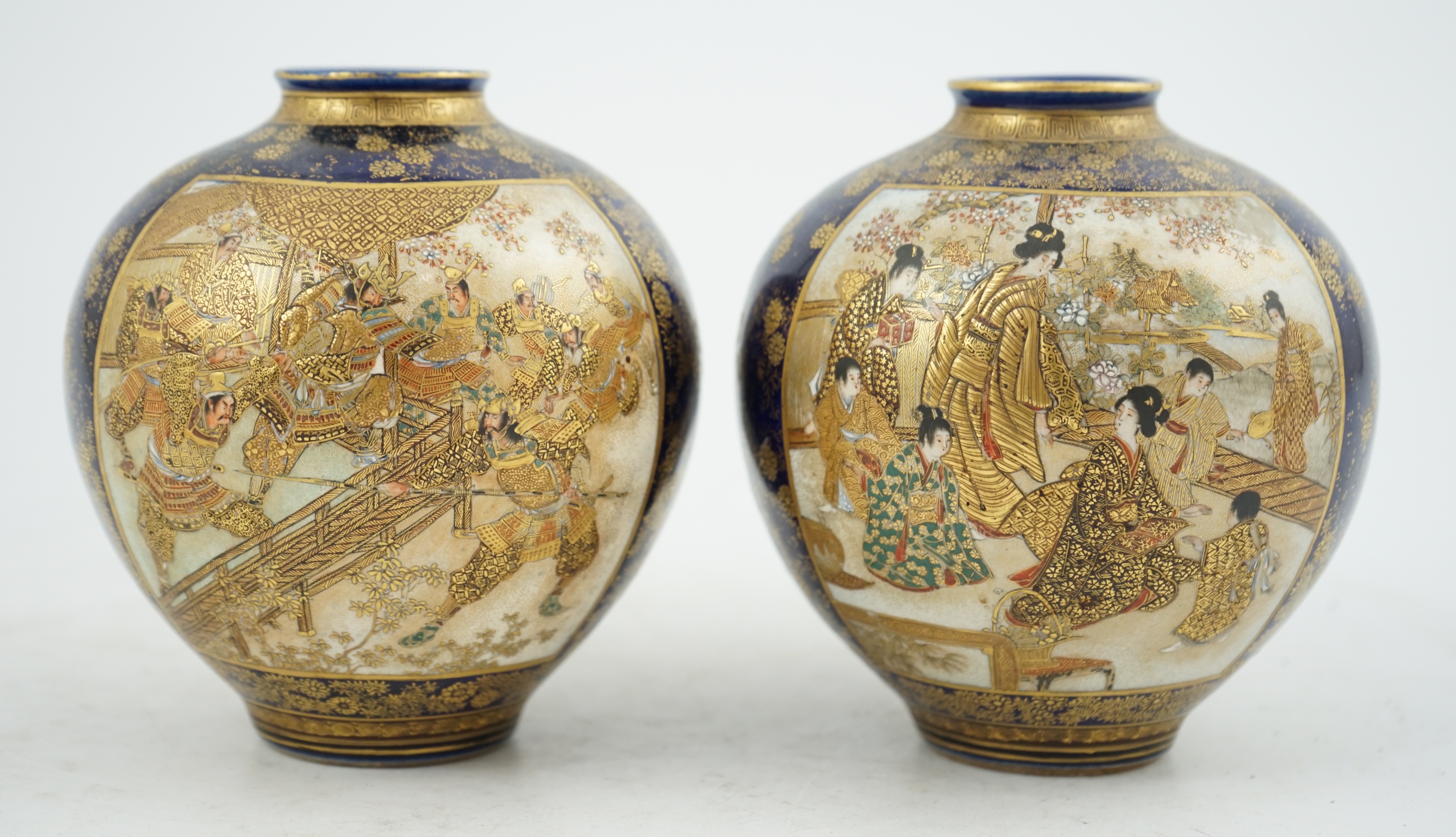 A pair of Japanese Satsuma blue ground globular vases, Meiji period